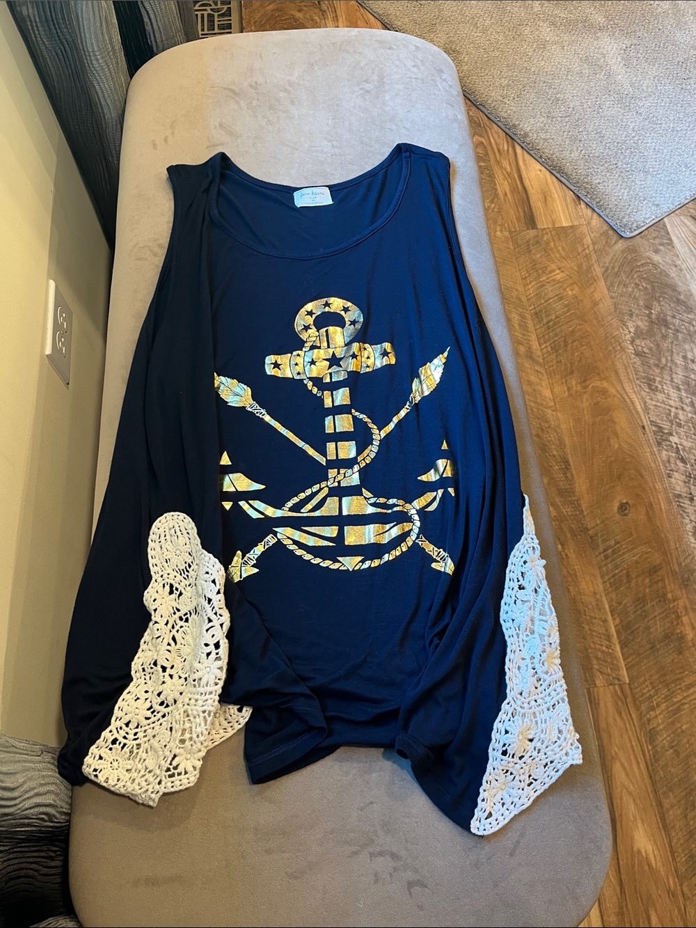 Free Kisses Navy Blue Anchor Scoop Neck Crochet Lace Panels